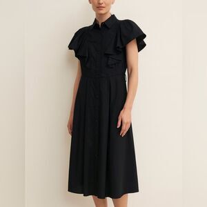 Brave + True Black Cotton Button Front Midi Dress W/ Leather Belt XS NWT